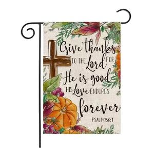Give Thanks to the Lord Psalm 136:1 Fall Autumn Garden Flag Pumpkins Leaves